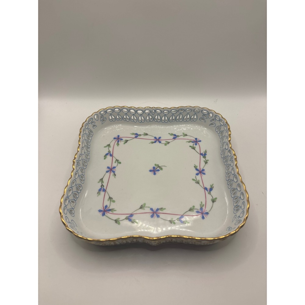 Herend Hungary Petit Bouquet Reticulated Square Bowl Hand Painted Gold Trim 7510